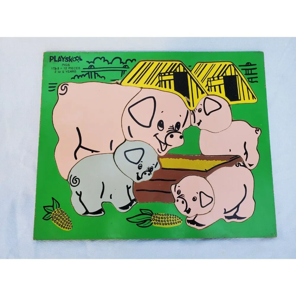 Vintage Wooden Tray Puzzle PIGS Farm Pigs at Trough Playskool 1970's 12 Pieces